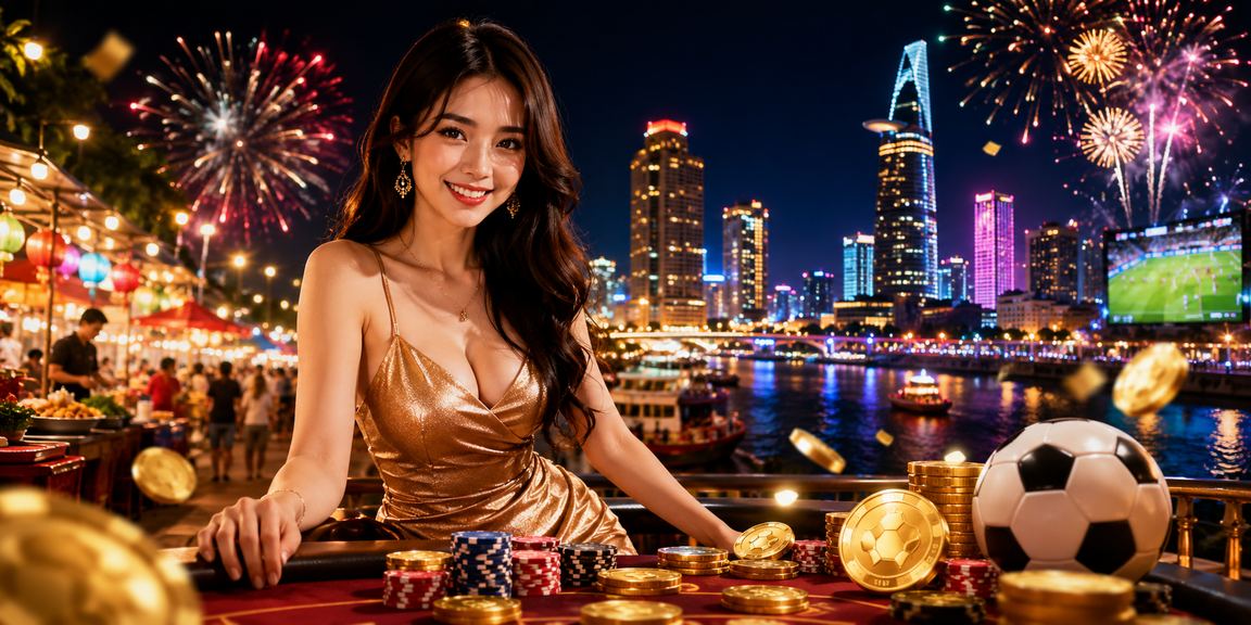 Không gian giải trí casino trực tuyến tại Việt Nam với ánh đèn hiện đại và sôi động